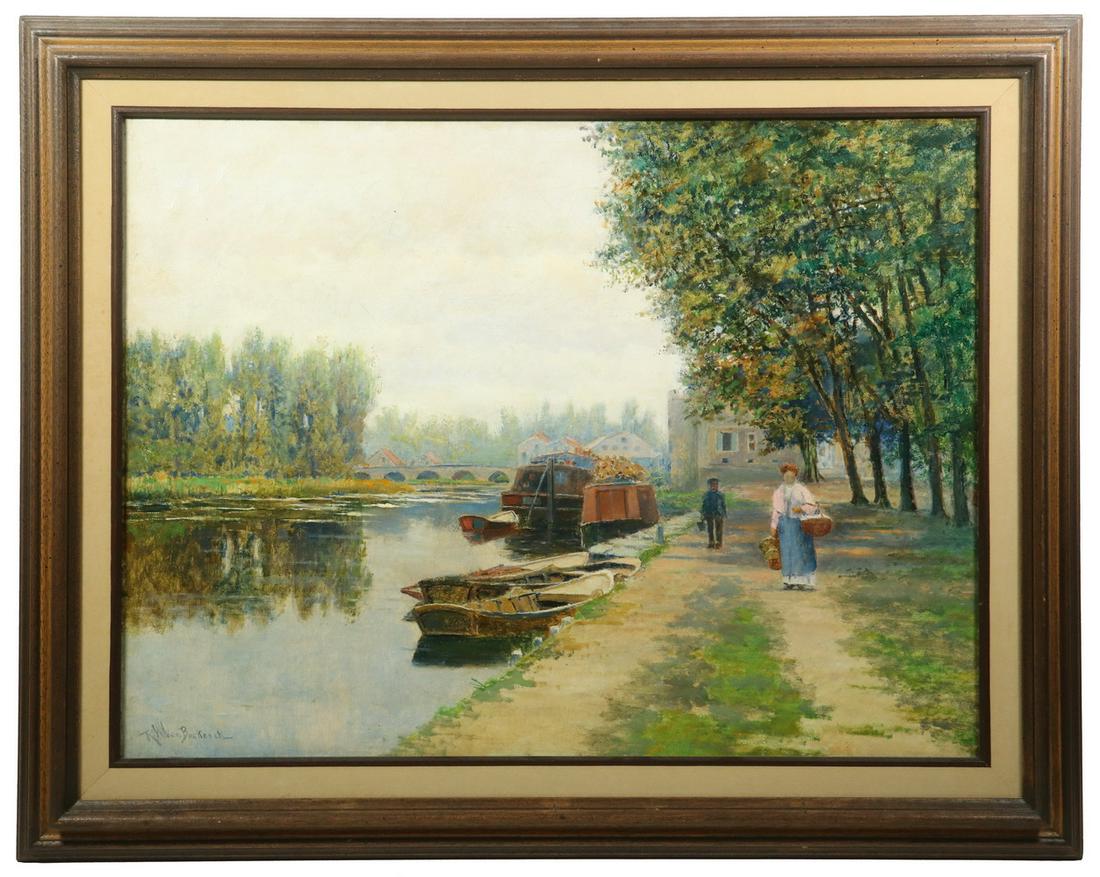 ROBERT WARD VAN BOSKERCK (NY/NJ, 1855-1932): Along a Belgian Canal, oil on canvas, signed lower left, depicting a man and woman on the tow path along the canal, near boats, a bridge and small town in the distance, housed in a molded walnut frame
