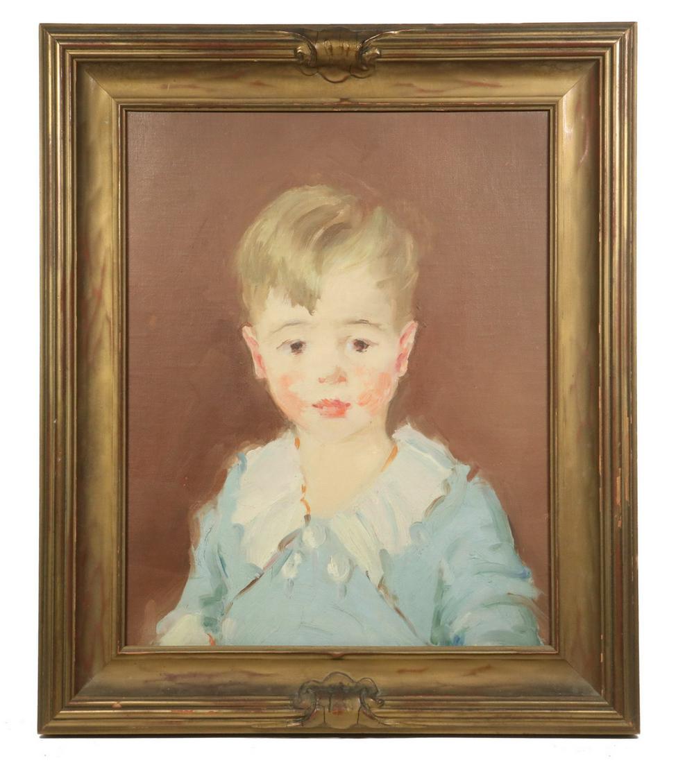 ATTRIBUTED TO ROBERT (HENRY COZAD) HENRI (NY/PA/OH,: "John" (Portrait of a Young Boy), 1907, oil on canvas laid to masonite, unsigned, identified on label verso, in Dutch gold period Arts & Crafts frame, OS: 25 1/2" x 21", SS: 19 1/4" x 15 1/4". Good co