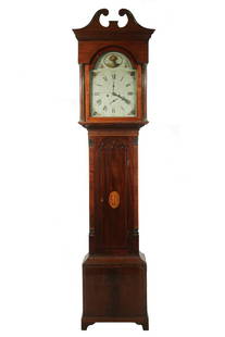 18TH C. TALL CASE CLOCK BY CHARLES CAMPBELL OF BO'NESS,: Charles Campbell (1770-1812), circa 1790 product of the Royal Navy town of Borrowstounness, Scotland, on the south bank of the Firth of Forth. Chippendale inlaid flame mahogany cased tall clock, the b