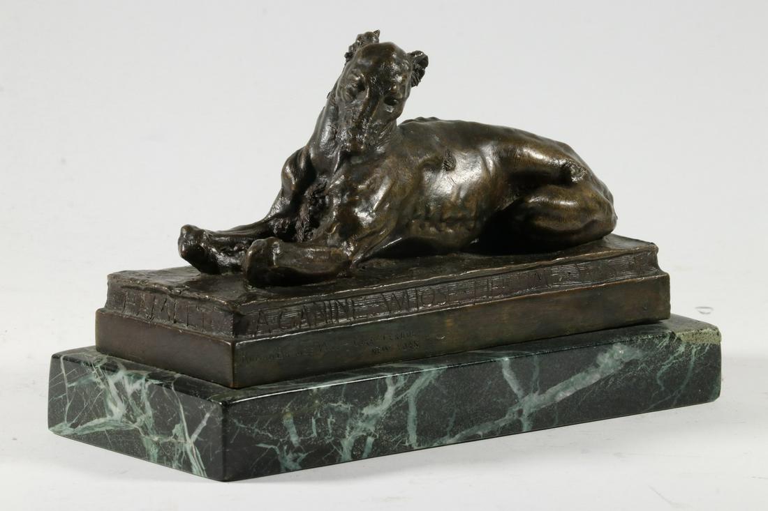 LEE OSKAR LAWRIE (NY/MD, 1877-1963): "Hamlet", a Canine Memorial, portrait of an Ancient Reclining Greyhound, cast and patinated bronze, signed on top front of base, marked 'Bronze Works Cire-Perdue, New York' on front of base, inscribed