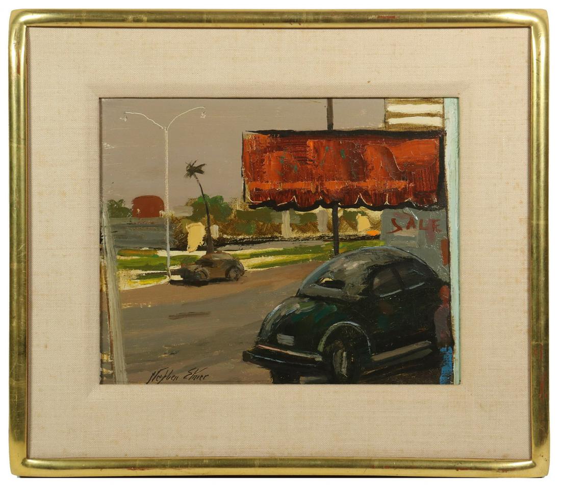 STEPHEN MORGAN ETNIER (ME/CA, 1903-1984): "Florida Street", oil on canvas, signed lower left, titled verso, in a gilt edged box frame with linen liner, OS: 12 1/2" x 14 1/2", SS: 7 3/4" x 9 3/4". Good condition.