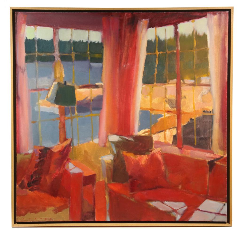 CONNIE HAYES (CONTEMPORARY ROCKLAND, MAINE): "Mullions in June", oil on canvas, signed lower left, titled, signed and dated 1999 verso, with original price of $27,750 on Gleason Fine Art of Boothbay Harbor, Maine label, also has a label from Dow