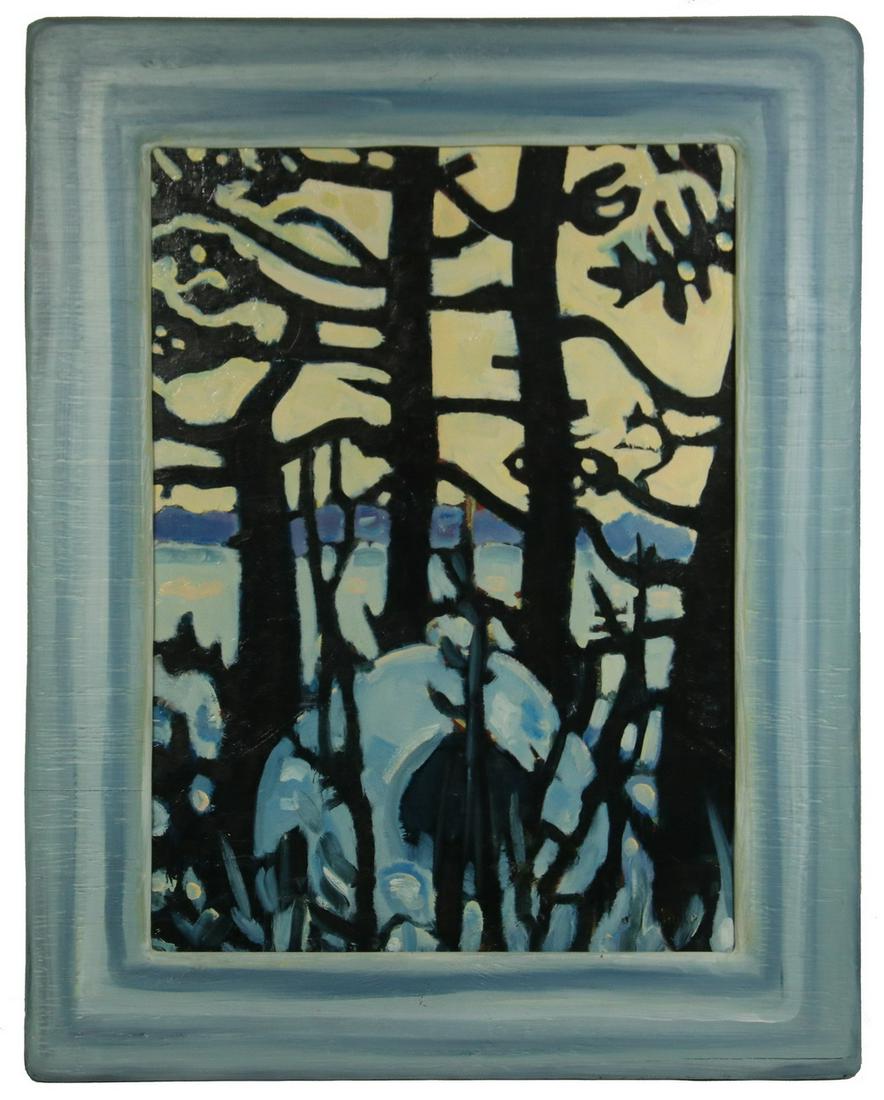 PHILIP BARTER (ME/CA, 1939 - ): "Frozen Bay Thru Trees", oil on masonite, signed lower right 'Philip', signed and titled verso, in artist made and painted plywood frame, OS: 46" x 36", SS; 35 1/2" x 25 1/2". Good condition. Provenan