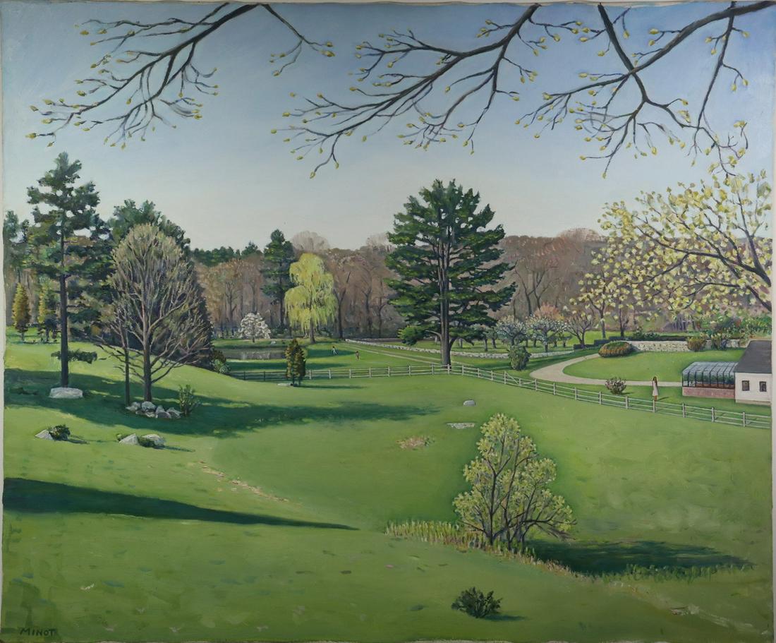 SAM MINOT (ME, 1962 - ): Downeast Maine Country Home Grounds in Spring, oil on canvas, signed lower left, depicting two children approaching a pond, a woman outside an attached greenhouse, expansive pale green lawns, unframed