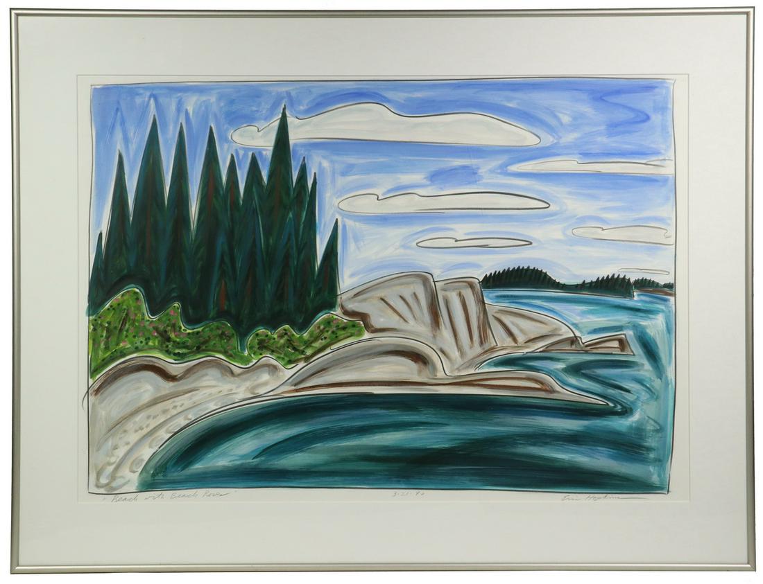 ERIC HOPKINS (ME/CT, 1951 - ): "Beach with Beach Roses", watercolor and crayon on paper, signed, titled and dated 3-21-90 in lower margin, in an aluminum box frame, matted under plexiglas, OS: 26 3/4" x 35 3/4", SS: 20 1/4" x 29". 
