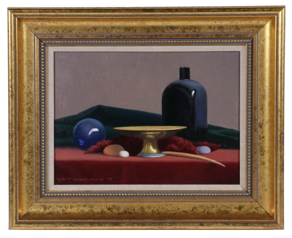 ROBERT DOUGLAS HUNTER (MA, 1928-2014): "The Golden Dish", Dutch Style Tabletop Still Life, oil on canvas, signed lower left and dated '88, titled verso, in gilt beaded cove frame with linen liner, OS: 17 1/2" x 21 1/2", SS: 10 1/2" x 17 1/