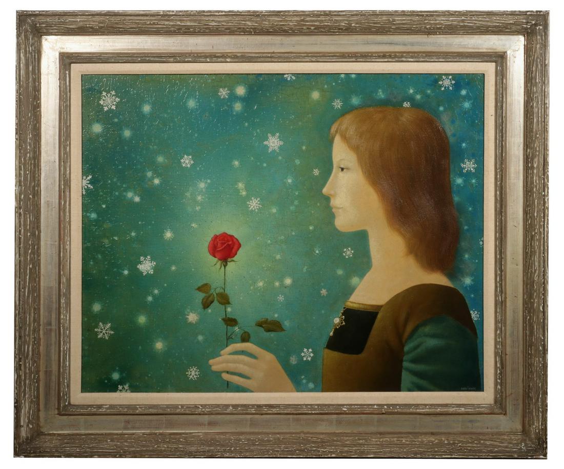 BRADI BARTH (CO/BELGIUM, 1922-2007): "In December It's Good to Remember", oil on hardboard, signed lower right, titled verso, depicting in profile a young red haired woman in Renaissance costume holding up a single rose against a field o