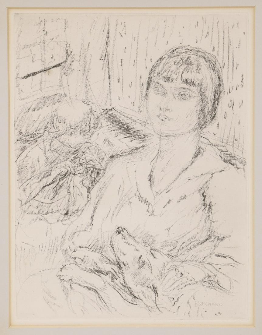 PIERRE BONNARD (FRANCE, 1867-1947): "La Femme au Chien" (Woman with Dog), an illustration from â€œDingo” by Octave Mirbeau), 1924. Photogravure with some modification in drypoint on heavy Japan paper, signed in the plate lower