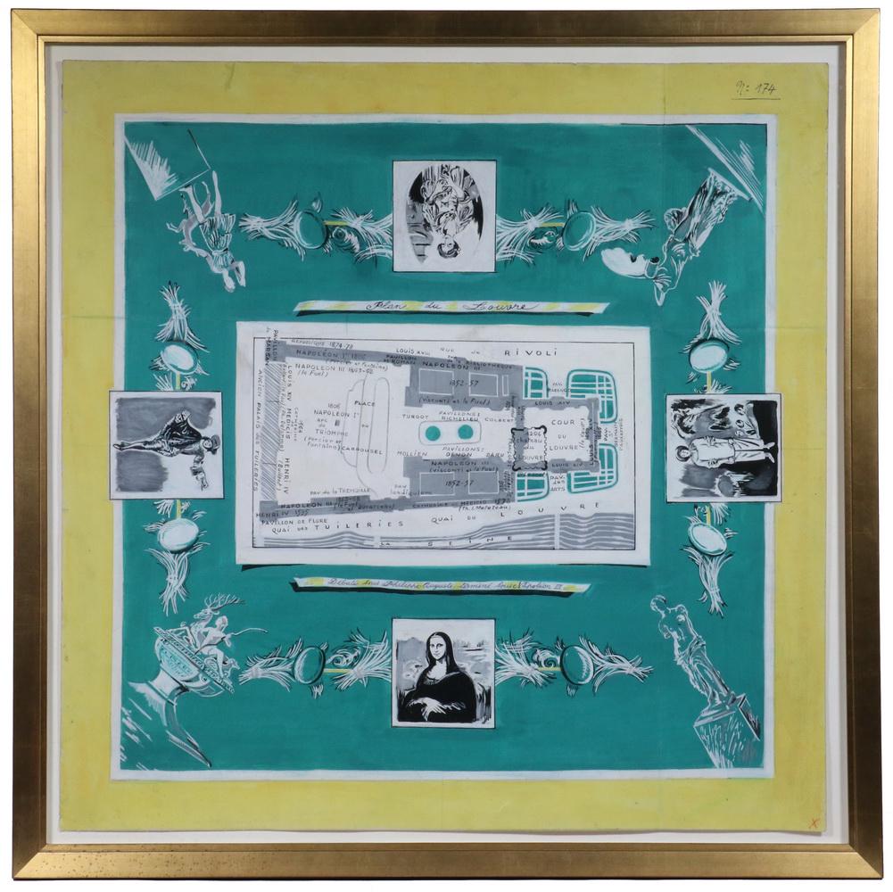 ORIGINAL DESIGN FOR A HERMES SCARF: 1950s Vintage graphic design, gouache on cardstock, unsigned, featuring "Plan du Louvre" and four examples of landmark paintings and sculpture, marked "No. 174" upper right, housed in a gilt mitered f