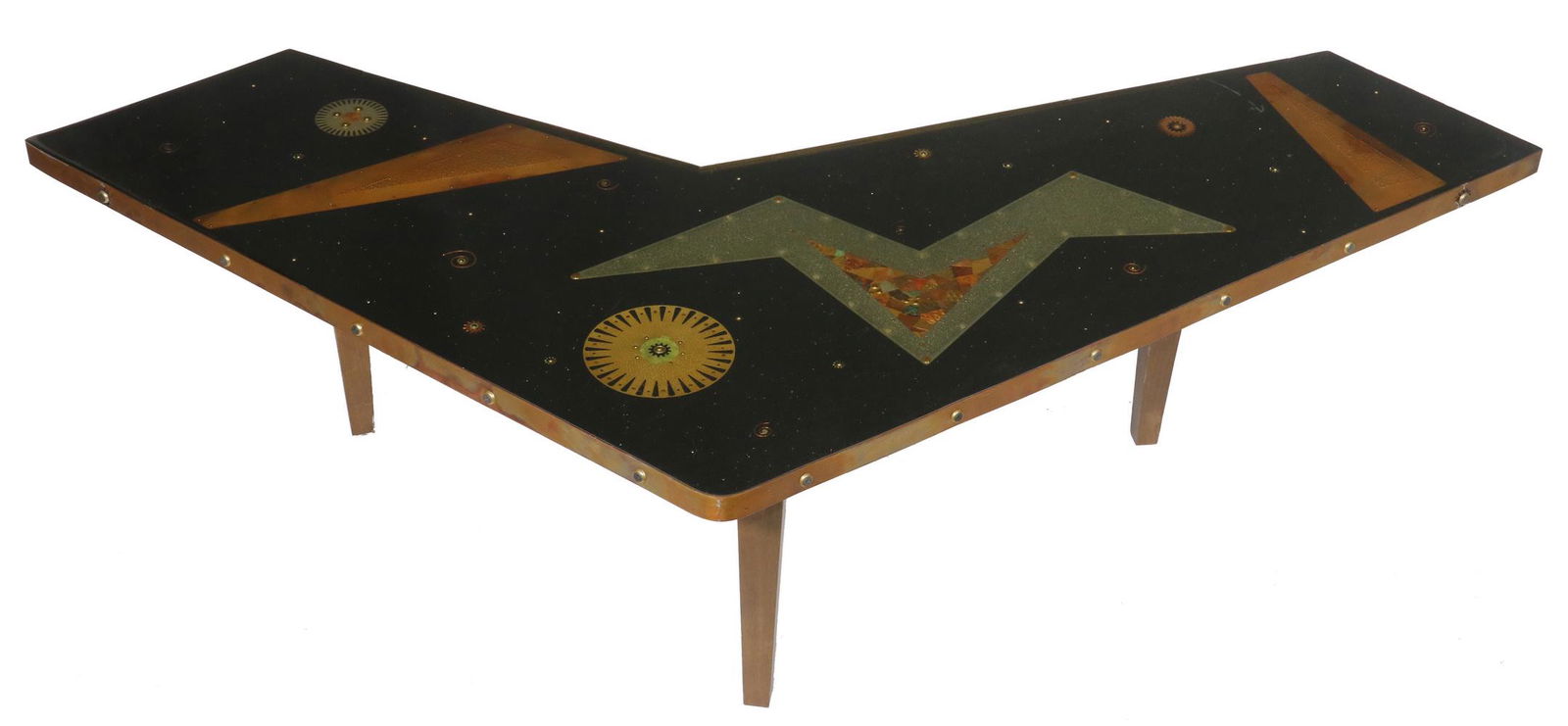 CUSTOM MODERNIST COFFEE TABLE BY DALE JENSSEN OF SAN: "Night Storm", worked mixed metal on a black field, sealed in a thick coat of resin, having a copper edge, raised on tapered square mahogany legs, signed and titled on the underside, 15" x 56 1/2" x 2