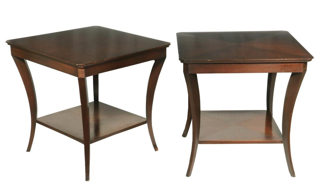 PR JOHN BOONE TABLES: Pair of Contemporary Hand Crafted Valentino Two-Tier Side Tables, designed by John Boone (New York), each with square cut corner tops in a polished wood veneer pattern, set on four curved legs, John B