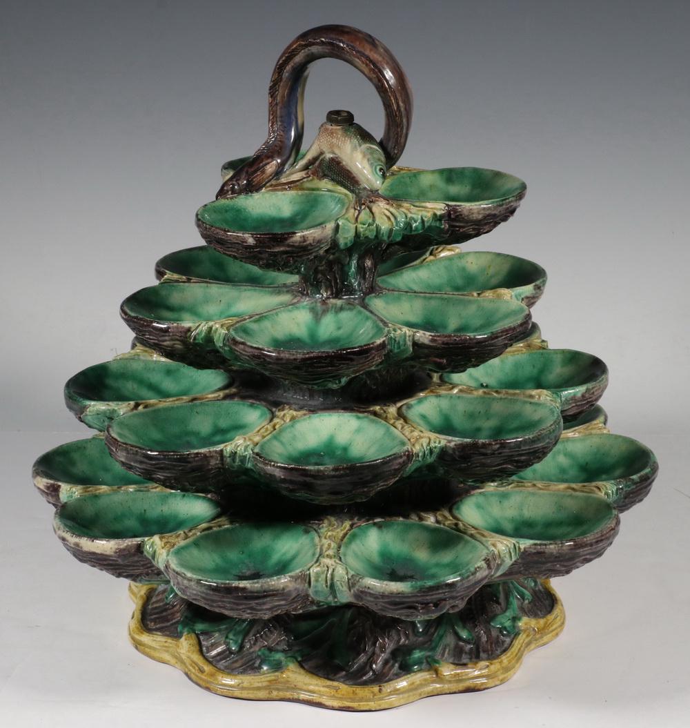 RARE ENGLISH MAJOLICA FIVE-TIER OYSTER STAND: 19th c. English Majolica Five-tier Revolving Oyster Stand, possibly by Minton, with sardines and snake form top handle, unmarked, 12 1/4" high, 12" diam. A few glaze frits.