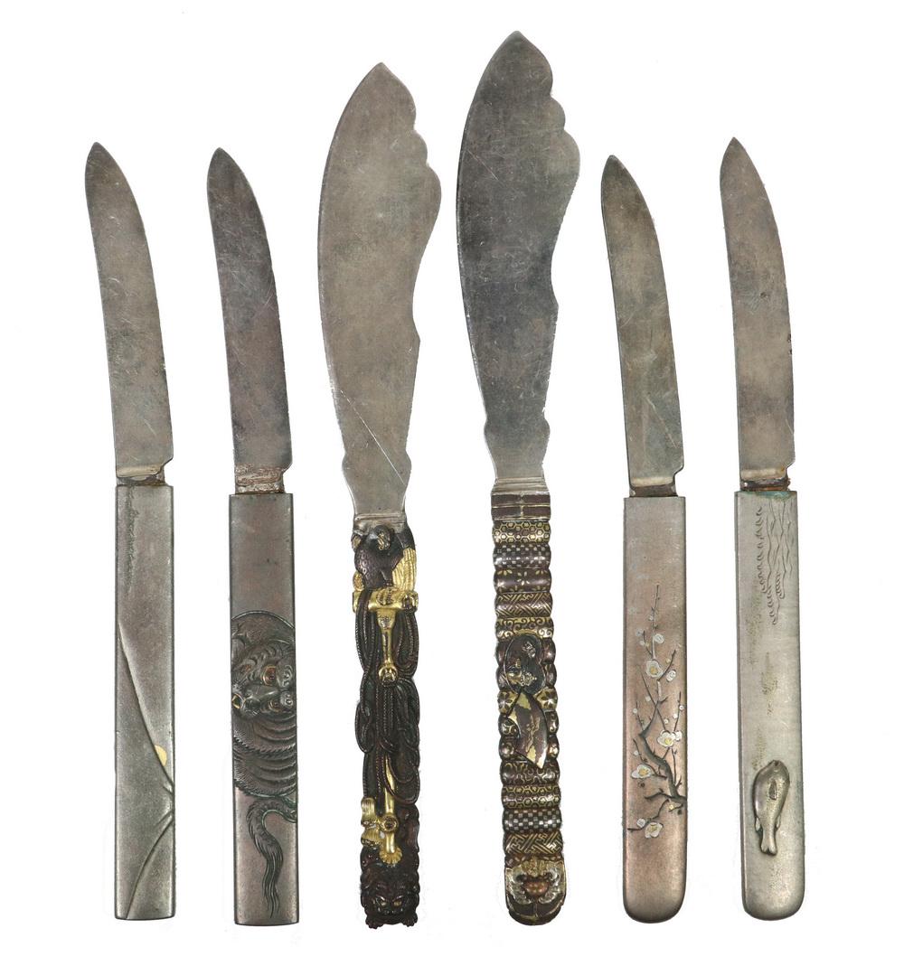 (6) 19TH C. JAPANESE MIXED METAL KOZUKA KNIFE HANDLES: Meiji Period Kozuka Knife Handles, three are signed, with later blades added to some, with characters rendered in silver, gold, copper, and a bit of enamel, representing: a fish in waves, hand fans, c