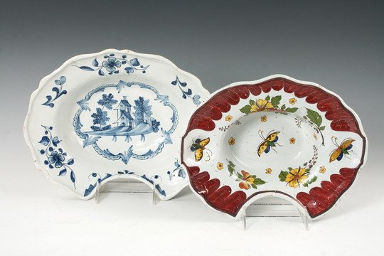 2 French Faience Barber Bowls Blue White Maroon