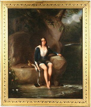 OOC Painting By the River Thomas Sully 1860 PA: OOC - 'By the River' by Thomas Sully (PA, 1783-1872), signed on rock with monogram, and dated 1860, with inscription 'Maiden Philadelphia' (?), depicting a lovely raven haired girl seated with her leg
