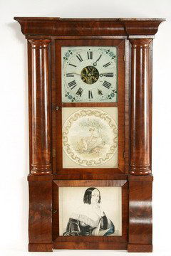 19th C Shelf Clock James Smith Bristol CT: SHELF CLOCK - 19th c. weight driven shelf clock, mahogany cased with bold molded crest over half columns, triple door panel. Old paper label of James Smith Bristol Conn., hand painted wooden dial, bra