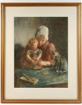 Watercolor Mother & Child H Krabbe Dutch c1920s