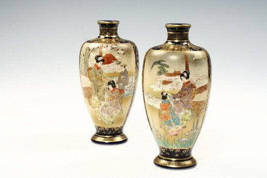 Pr Japanese Satsuma Vases 19th C Figural Cobalt