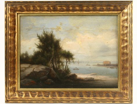 OOB 19th C American View River with Brick Fort