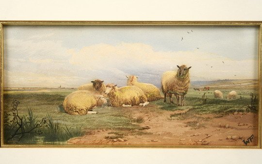 W/C Painting 19th C English Sheep Pasture Walker