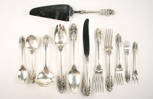90-Pcs Sterling Flatware Wallace Grand Baroque: FLATWARE - Ninety piece sterling flatware service for twelve in Grand Baroque pattern by Wallace Silversmiths. Set consists of 12 butter knives, 12 table spoons, 12 salad forks, 12 table forks, 12 hor