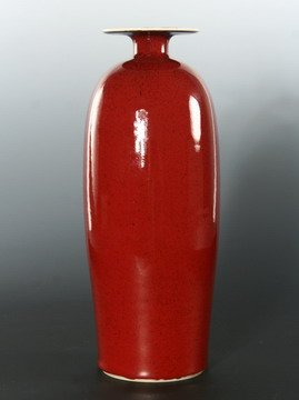 Brother Thomas Bezanson Tall Vase 20th C Oxblood: VASE - 20th c. tall vase with bold shoulder narrow opening and wide flared rim, by Brother Thomas Bezanson (VT/PA, 1929-2007). Rich oxblood glaze with white at edge of rim, inscribed on bottom Benedic