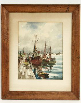 W/C Painting Goucester Dock John C Hare MA/FL: W/C - Gloucester Dock Scene by John Cuthbert Hare (MA/FL, 1908-1978), signed lr, in oak cove frame, matted and glazed, SS: 16" x 12 1/2", OS: 26 1/2" x 21 1/2", very good condition.