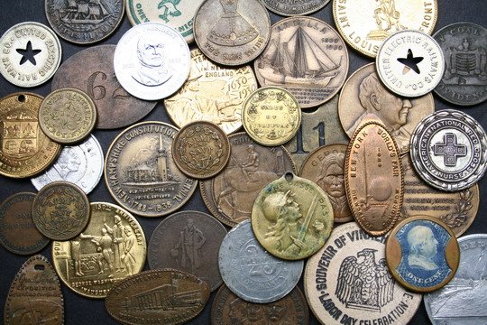 39 Assorted Metal and Wood Tokens