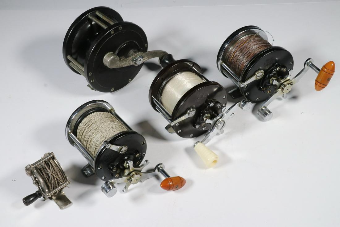 (5) VINTAGE SPINNER FISHING REELS: Including: Penn No. 249 Deep Sea Reel, Penn Fishing Tackle Mfg. Co. Phila. Pa. (Bakelite), 4 1/4"; LL Bean, Freeport, Maine, (Bakelite sideplates and handle), 3 1/4"; Penn No. 85 (Bakelite sides) 3 1/