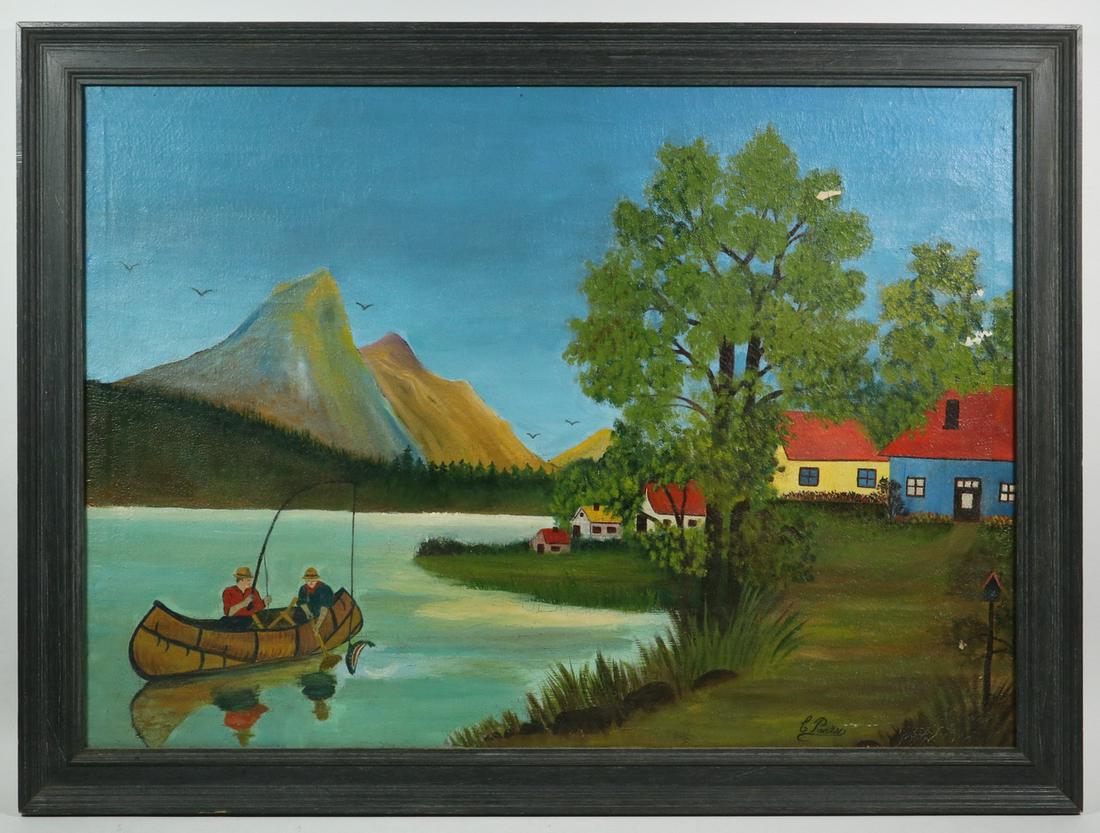 FOLK ART PAINTING OF FISHERMEN SIGNED "C. PARIS": Naive View of two men fishing from a canoe on a mountain lake with cottages to right, oil on canvas, signed lower right, in molded grey wood frame, OS: 23" x 31", SS: 19 1/2" x 27 1/2". Some flaking.