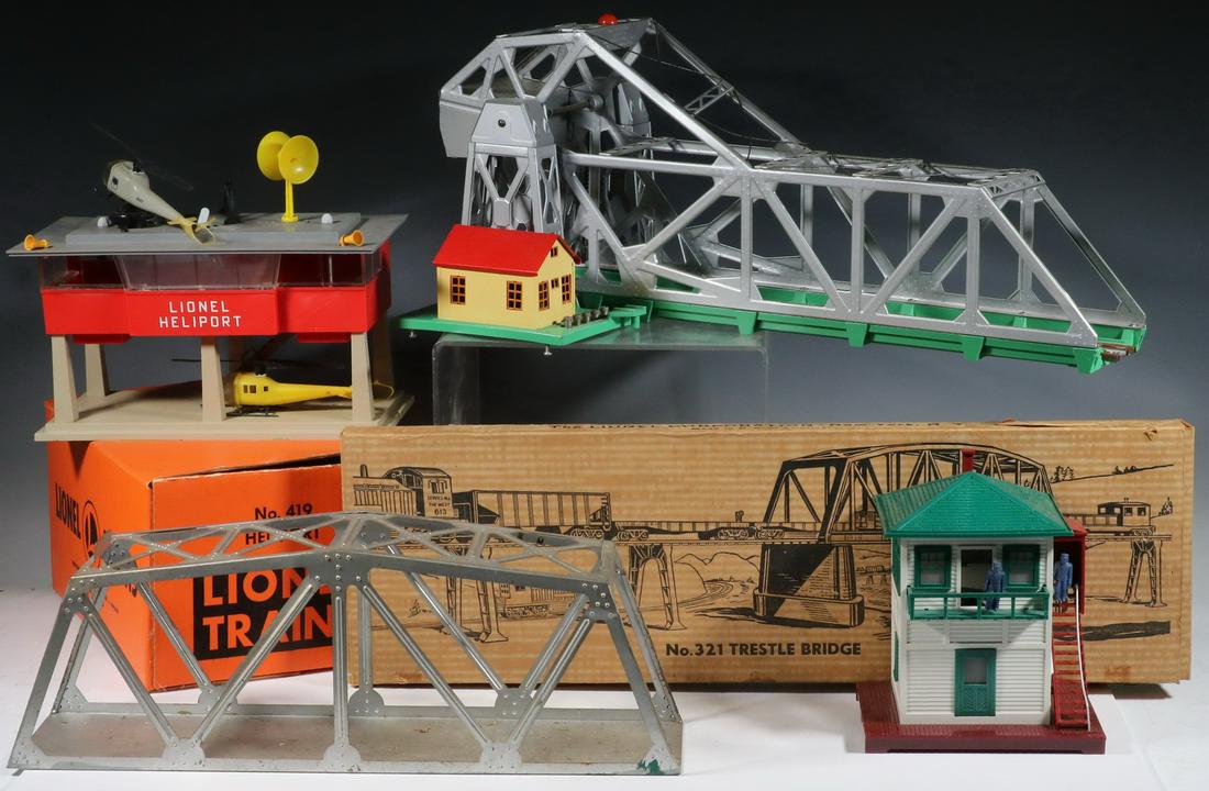 (4) LIONEL MODEL TRAIN ACCESSORIES: Lot of (4) Lionel Post War O-Gauge Model Train Accessories, some with original boxes, incl: #419 Heliport, with helicopter and original box; #313 Bascule bridge, no box; #321 Trestle bridge, with orig