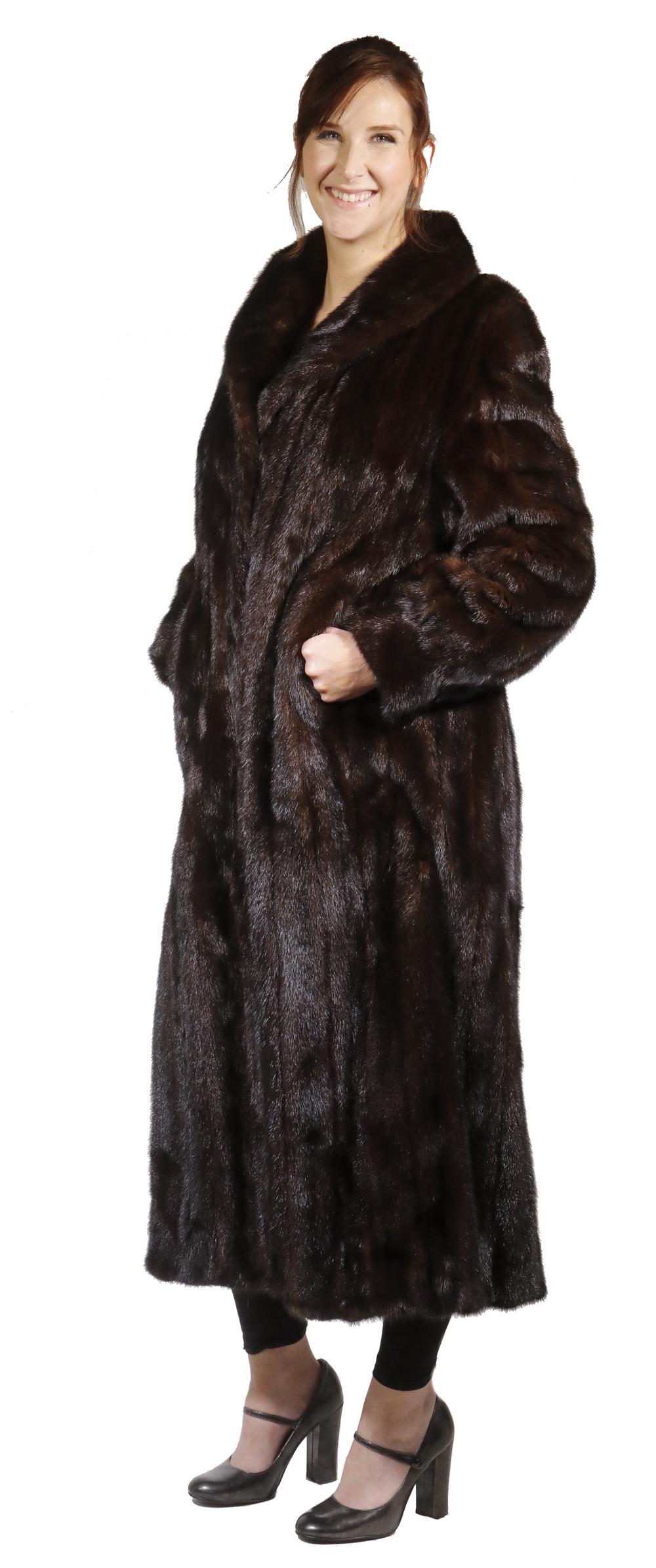 FULL LENGTH MINK COAT: Dark Brown Ranch Mink Coat, with shawl collar, slash pockets, hook and eye front closure, dark brown satin lining, interior embroidered "Roberta", 51" long, 21" wide at shoulders. Good condition.