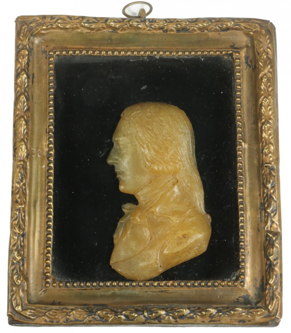 AMERICAN FEDERAL PERIOD BEESWAX PORTRAIT, POSSIBLY OF: Possible Commemorative Profile Bust Portrait of Alexander Hamilton, after the Life Portrait by James Sharples, post-1804, the date of Hamilton's death by the hand of Aaron Burr in the infamous duel. B