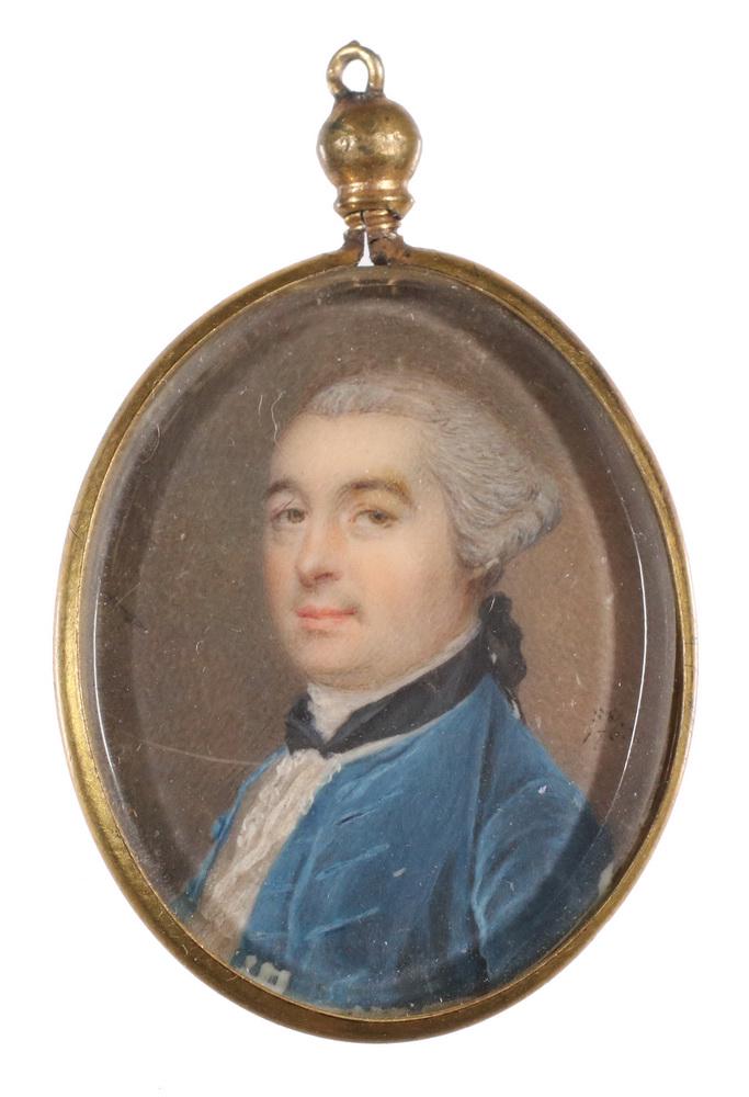 SAMUEL COTES (UK, 1734-1818): Miniature Oval Bust Portrait of a Middle Aged Wealthy Merchant, initialed "SC", and dated 1766, he is depicted in a blue coat with black collar, in a short cropped powdered grey wig, a slight smile on