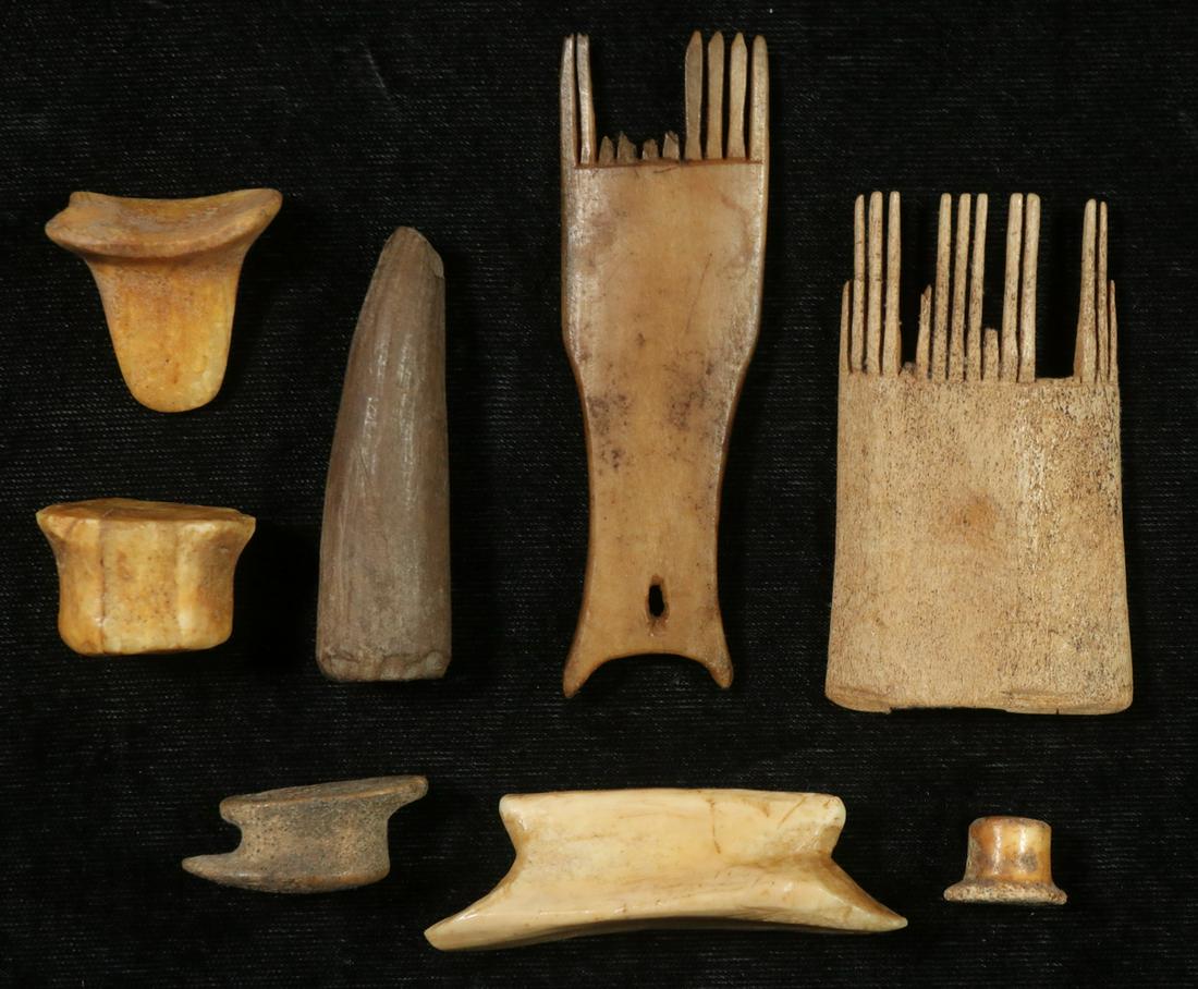 (8) ARCHAIC YUP'IK ESKIMO PERSONAL ADORNMENTS: All gathered in the Bethel, Alaska region, including (6) Labrets or pierced lip studs in bone, antler, 1 1/8" to 2 1/4"; PLUS (2) Small Hair Combs (lice?) in antler and bone, 2 1/2" to 3 1/4". Conditi