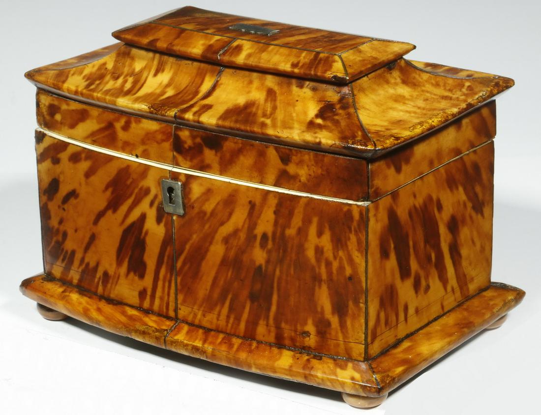 TORTOISESHELL TEA CADDY: English 19th c. Pagoda Form Tortoiseshell Tea Caddy, with bow front, pewter stringing, silver lid cartouche and lock escutcheon (no key), velvet lined lid interior, two interior lidded compartments wi