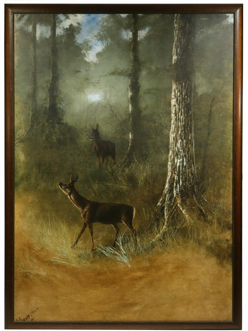 LARGE FRAMED ANIMAL PAINTING, ILLEGIBLY SIGNED, CIRCA (1 of 4)