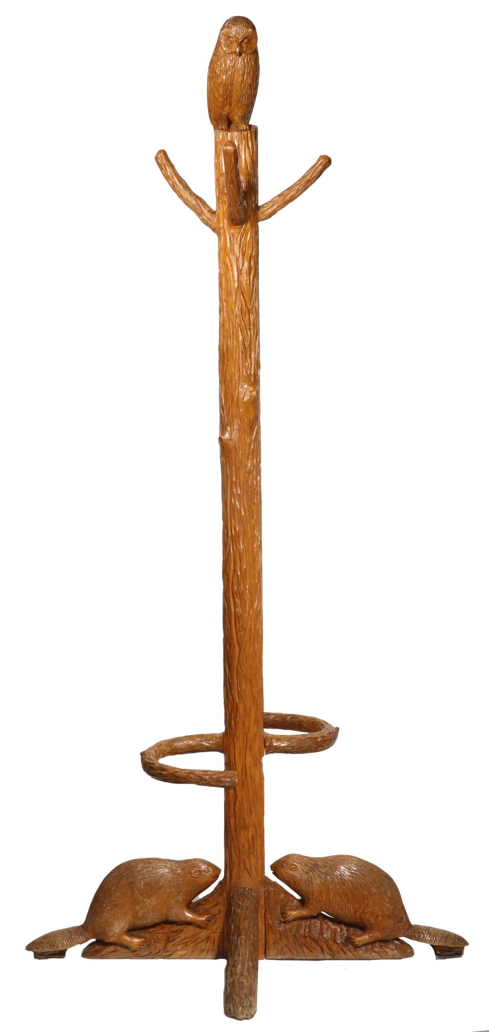 FOLK ART CARVED FIGURAL COAT STAND: Hand Carved Coat Rack, tree trunk textured stand topped with an owl and with two beaver figures at the base, with four extending branch form coat hooks, double pronged umbrella/walking stick holder, u