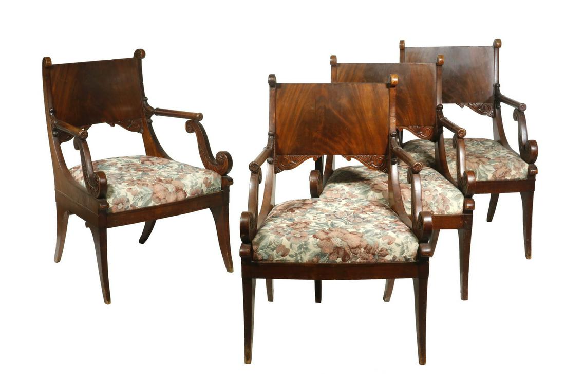 (SET OF 4) RUSSIAN PARLOR ARMCHAIRS: (4) 19th c. Armchairs, matched to the separate lot of the settee, in flame mahogany, having a panel back, scrolling returns flanked by ears and cannon barrel arms supported by acanthus leaf brackets, 