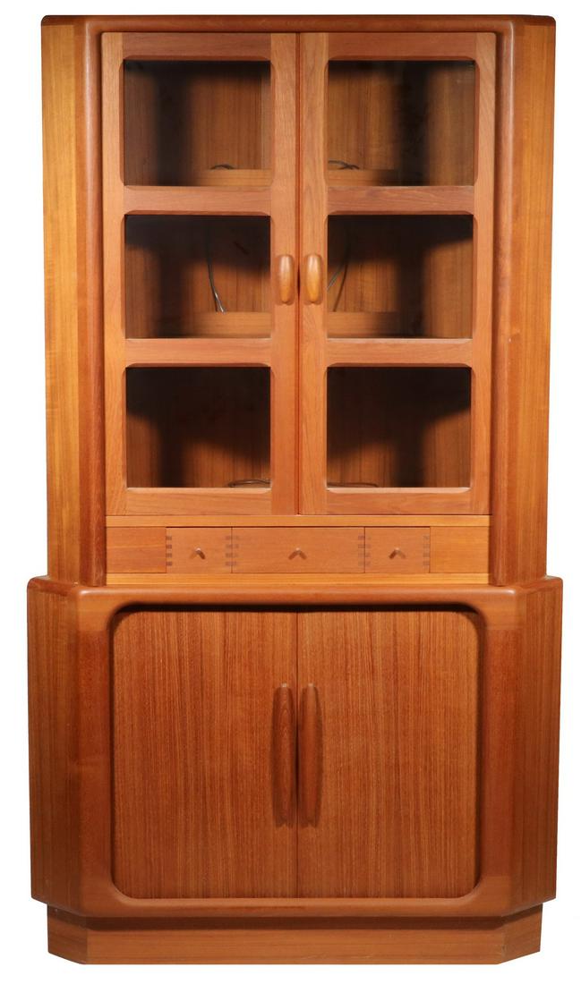 TWO-PART LATE 20TH C. DANISH MODERN CORNER CABINET WITH: Teak Cabinet with six light two door inset upper cabinet over two shelves, small drawers below, the lower cabinet with sliding doors over a shelf, inset footboard, no maker's mark, 69" tall, 39" x 21
