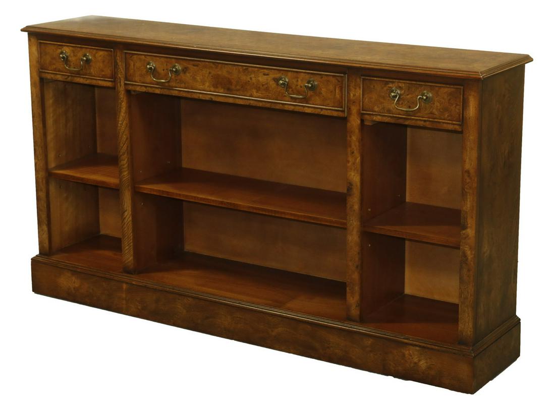 CUSTOM CREDENZA BY SCULLY & SCULLY: Finely Crafted Custom Three-Drawer Open Bookcase, in walnut with burled veneer and string inlaid top and drawer fronts, three molded edge and dovetailed drawers below, brass drop bail pulls, two open 