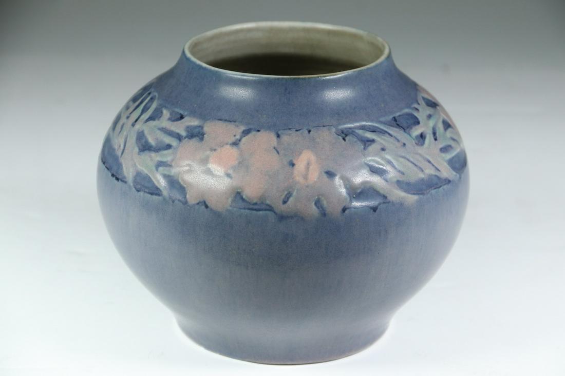 NEWCOMB COLLEGE VASE DECORATED BY SADIE IRVINE (LA,: Newcomb College Art Pottery Vase, blue matte glazed surface with pink dogwood shoulder decoration, 1931, by ceramicist Jonathan Browne Hunt, decorated by Sadie Irvine, base stamped with Newcomb cipher