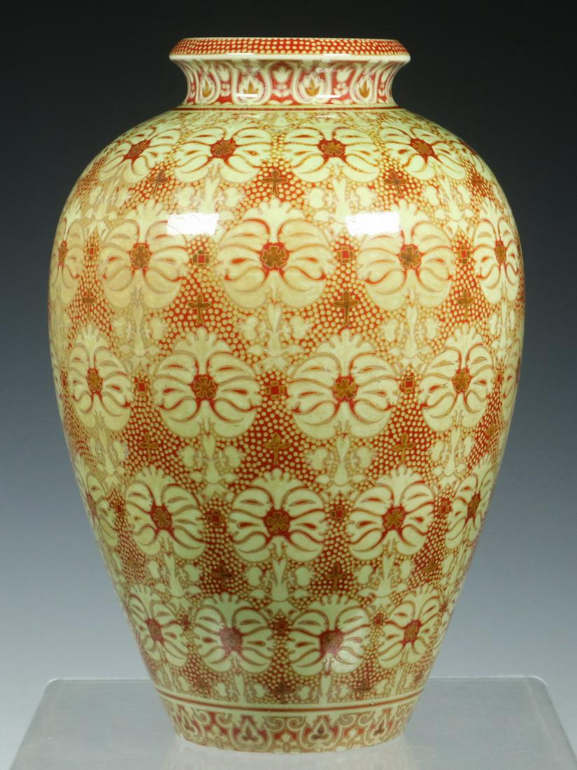 ZSOLNAY PECS ART NOUVEAU VASE: Circa 1900 Zsolnay Hungarian Luster Glazed Pottery Vase, #3939, with floral decoration, base stamped '3939, 1, Zsolnay Pecs', 10" high, 6 1/4" diam. Tiny unglazed spot on rim, otherwise good condition
