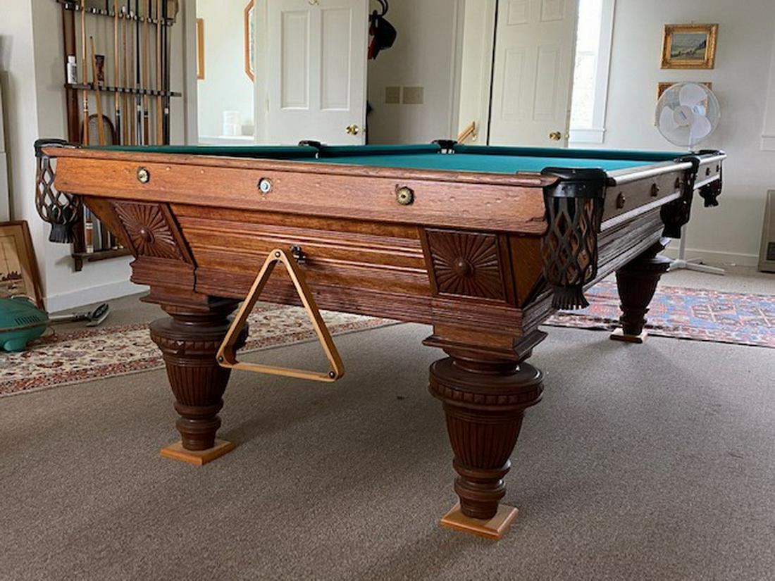 BRUNSWICK OAK POOL TABLE: Sold on location. Located in Spruce Head, Maine. Preview by appointment