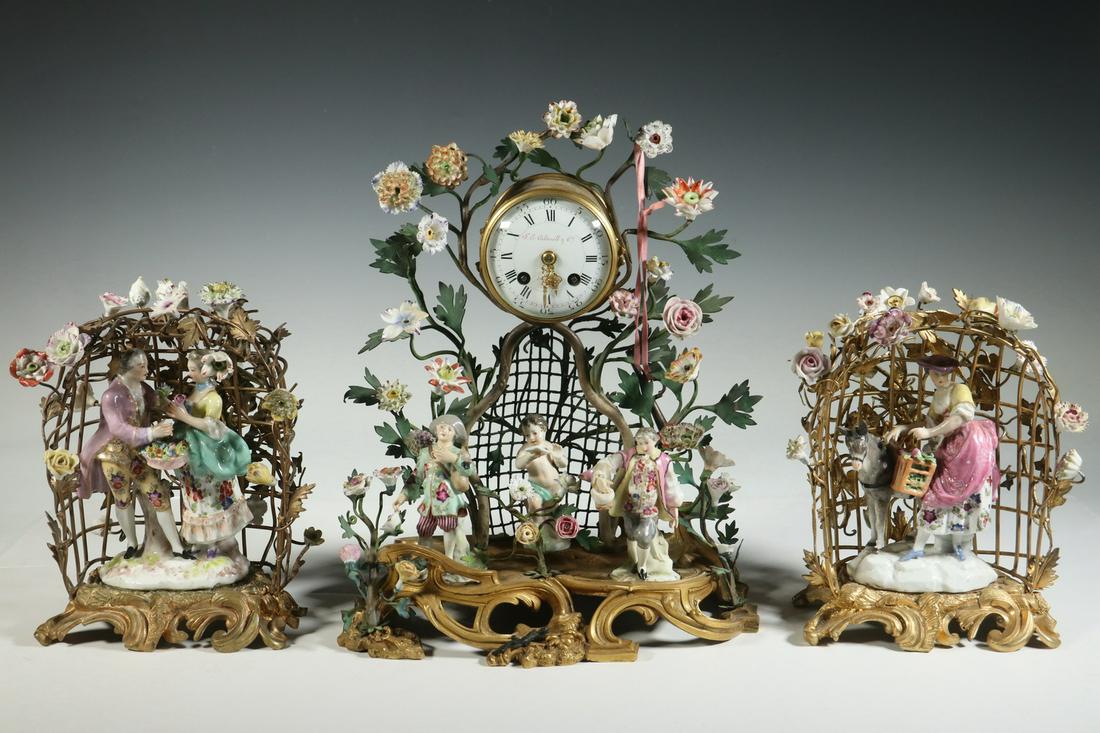 (3 PC) FRENCH MANTEL CLOCK & GARNITURE SET, J.E.: (3) Piece French Mantel Garniture Set, retailed by J.E. Caldwell & Co., early 20th c., consisting of clock by J. Lefebvre Fils, Paris, time and strike spring driven movement, white enamel dial with bl