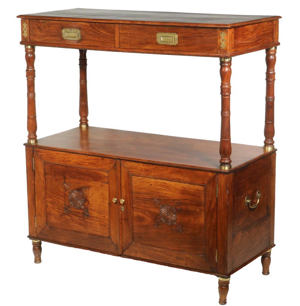 CAMPAIGN SERVER WITH TWO DRAWERS: 19th c. Walnut Campaign Form Two-Tier Server, with beveled and molded edge overhanging top above brass inlaid corner posts flanking two drawers with flush mount brass pulls, supported by four turned c