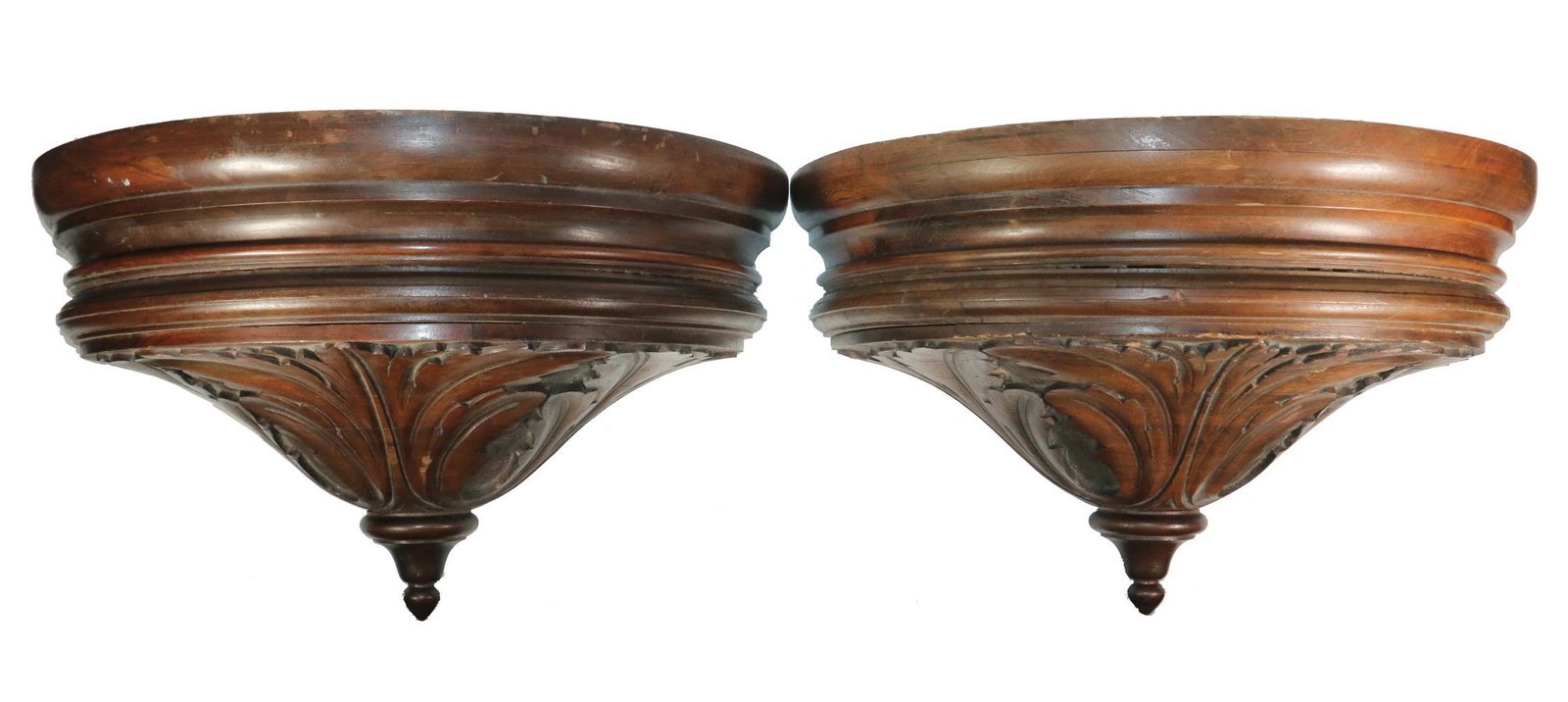PR OF SUBSTANTIAL 19TH C. SOLID WALNUT BRACKETS: Ornately Carved Neo-Classical Demilune Corbel Statuary Brackets, acanthus leaf decoration, American Gilded Age, circa 1890, single point backplate iron hangers. 14" x 24" x 12" each. Some scuffs.