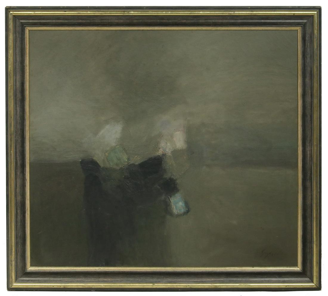 UNIDENTIFIED BRUTALIST PAINTER: Two Figures in Fog, oil on canvas, illegibly signed lower right and dated '61 (Guyer?), housed in the original gold and grey frame, OS: 32 1/2" x 36", SS: 27" x 30 1/2". Good condition.