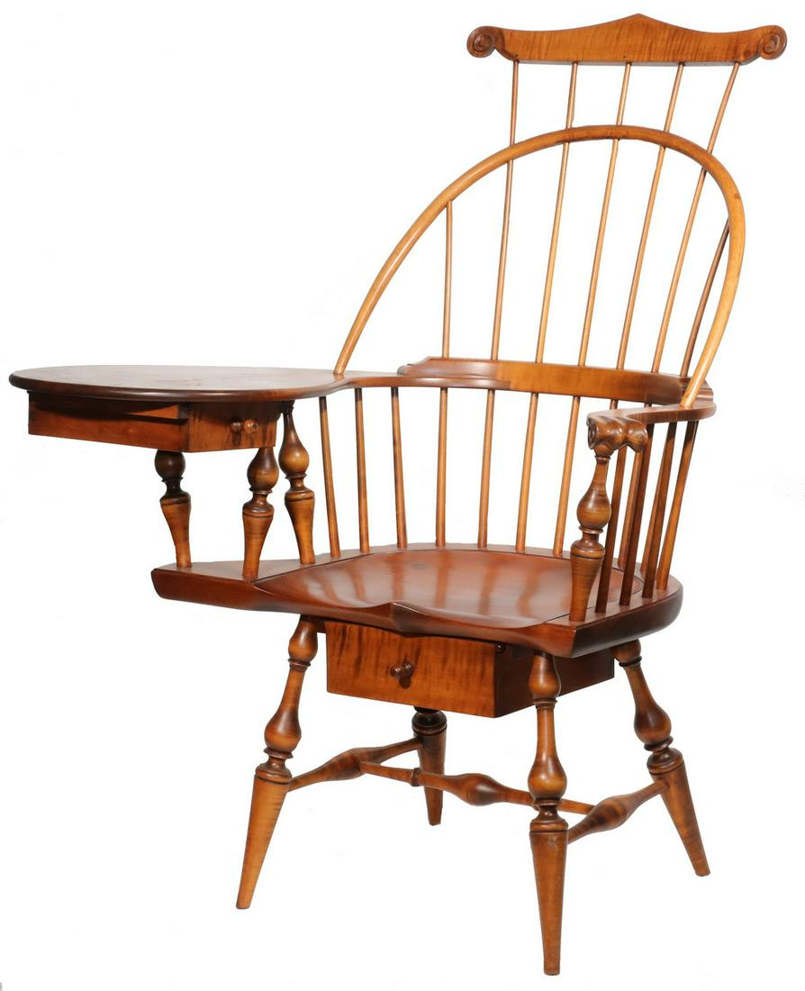 D.R. DIMES COMB BACK WRITING ARM WINDSOR CHAIR: Custom Tiger Maple Writing Armchair by D.R. Dimes (Northwood, NH), with shaped and scrolled crest rail, bent bow, carved knuckles, right side writing pad with drawer below, shaped single plank saddle