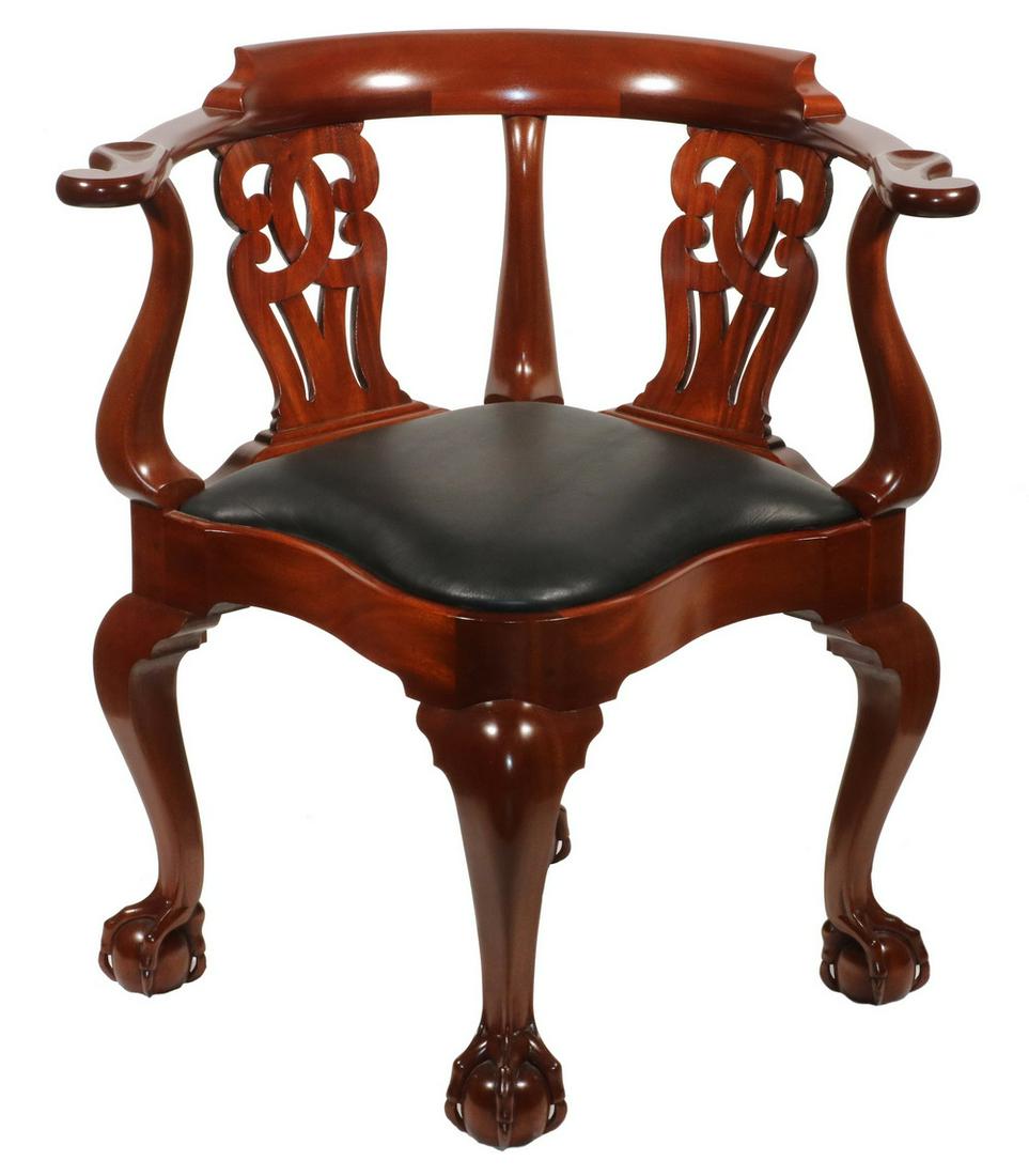 CUSTOM MAHOGANY CORNER CHAIR BY J.F. ROBERTS: Hand Crafted Chippendale Style Mahogany "Newport" Corner Chair, by master furniture maker and carver Jeffrey S. Roberts (Unity, NH), shaped crest rail, shaped and scrolled arm rests, finely carved sid